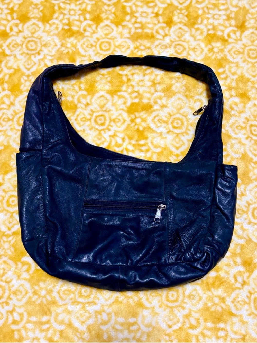 Large Black Pebbled Leather Hobo Bag - Slouchy Shoulder Bag - Excellent